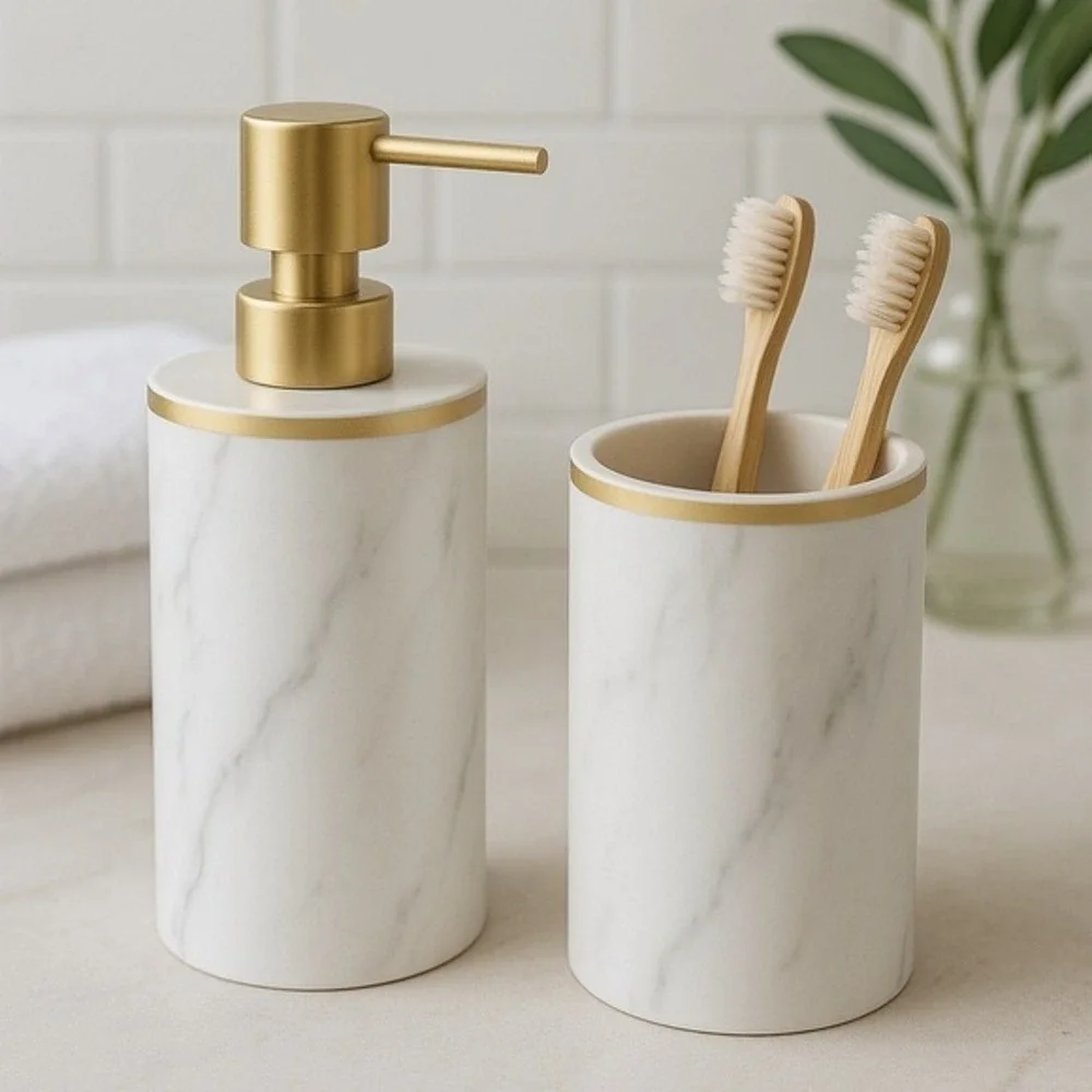 Bathroom Accessory Set Faux Marble Gold Soap Dispenser Toothbrush Holder New